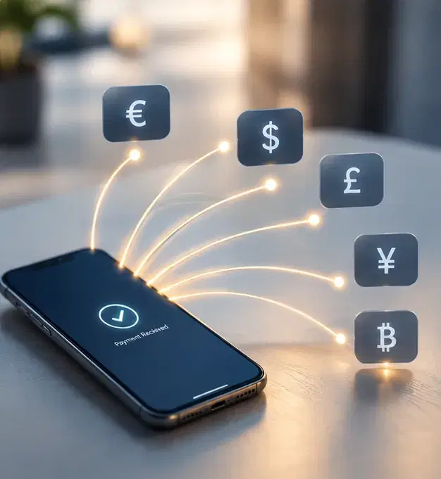 A phone showing a received payment, with lit threads running from it to five currency symbols.